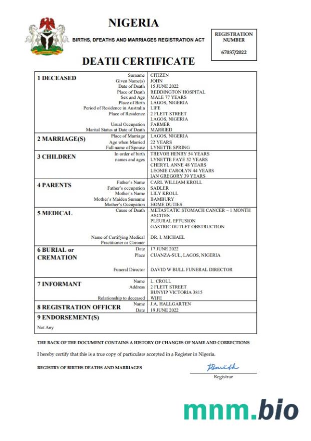 Nigeria rekord życiowy śmierć certyfikat Word i PDF szablon